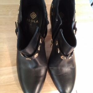 Isola Black Leather Ankle Booties with Gold Accent Studs